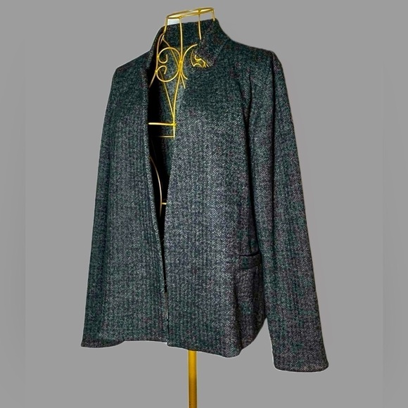 Eileen Fisher Wool Blend Gray & Black Open Tweed Blazer Stand Collar, Pockets SP - Picture 4 of 14